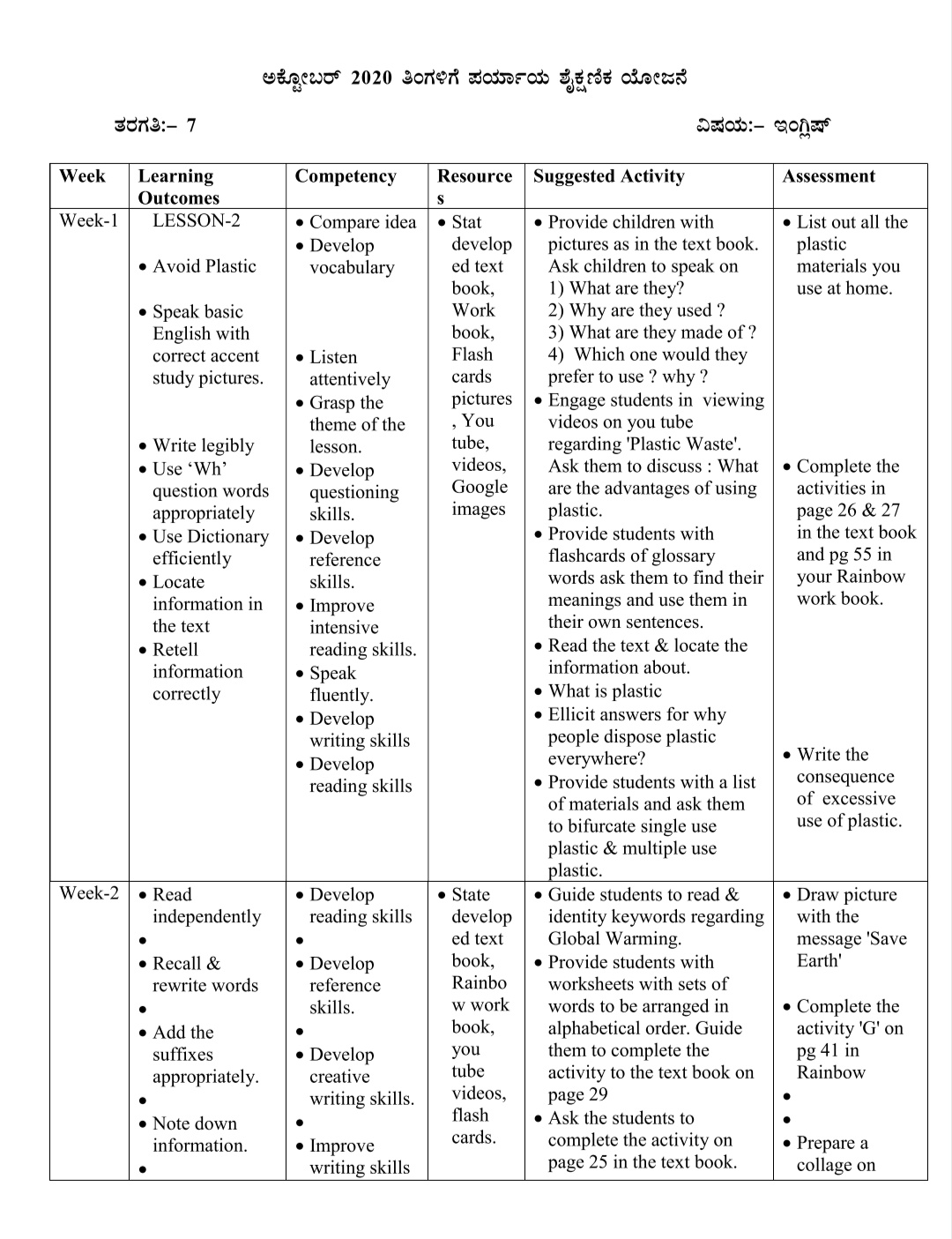 October month vidyagama activities list and academic calender for