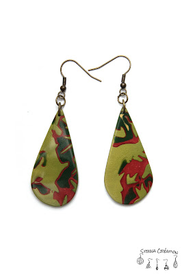 Boucles oreilles pâte polymère Mokume Gane dégradé vert cuivre or Stenna Création Fimo Cernit Sculpey