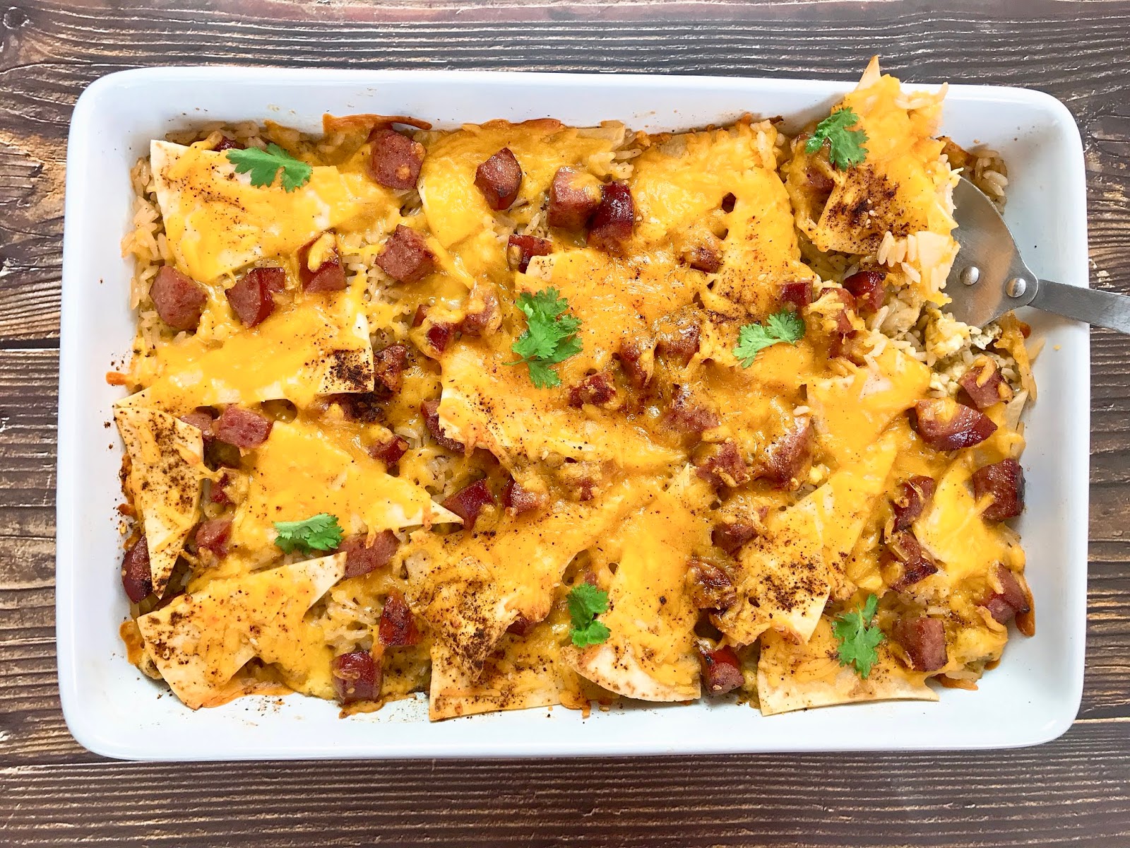 Breakfast Burrito Lasagna with Smoked Sausage