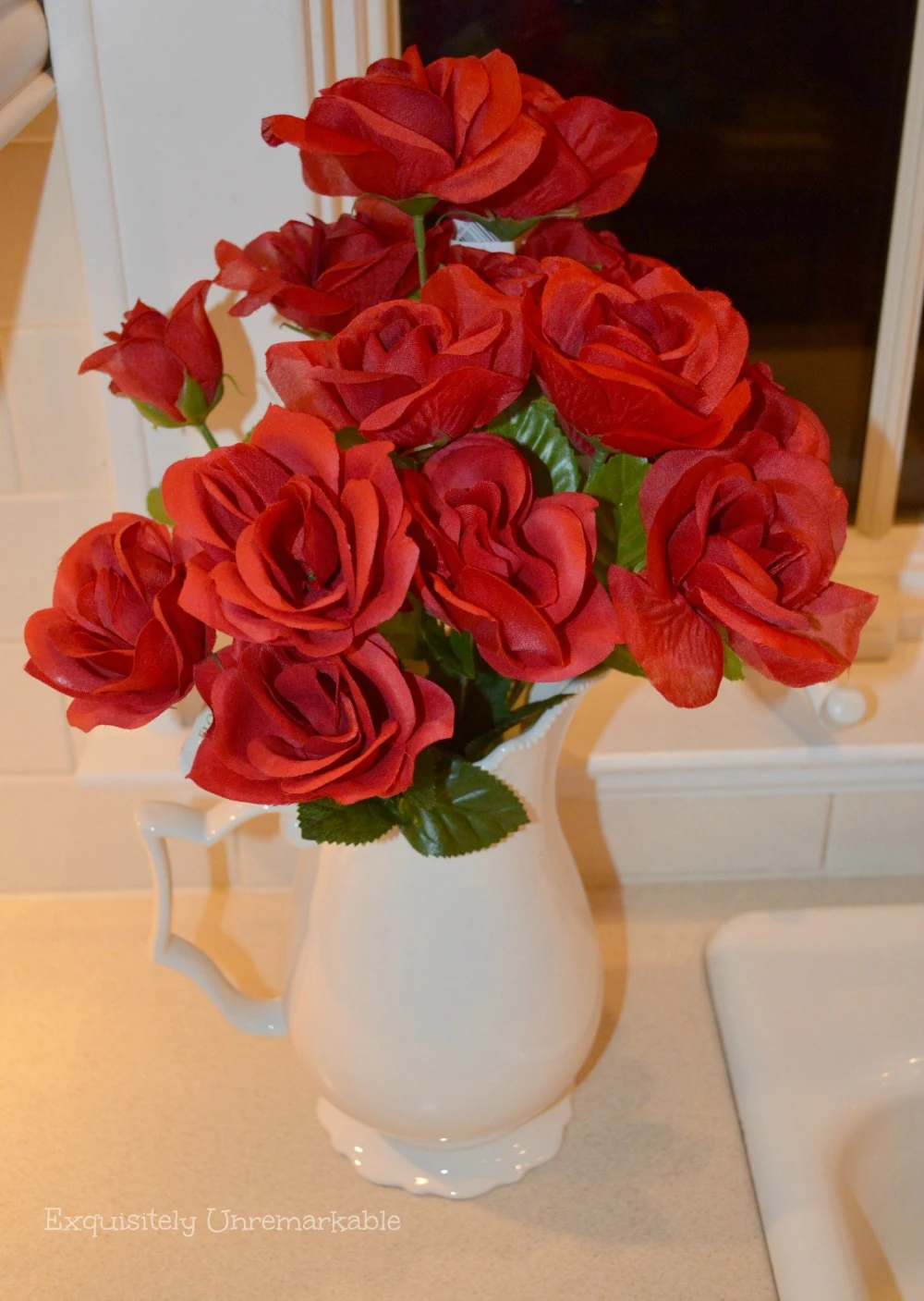 Dollar Store Roses in a white pitcher