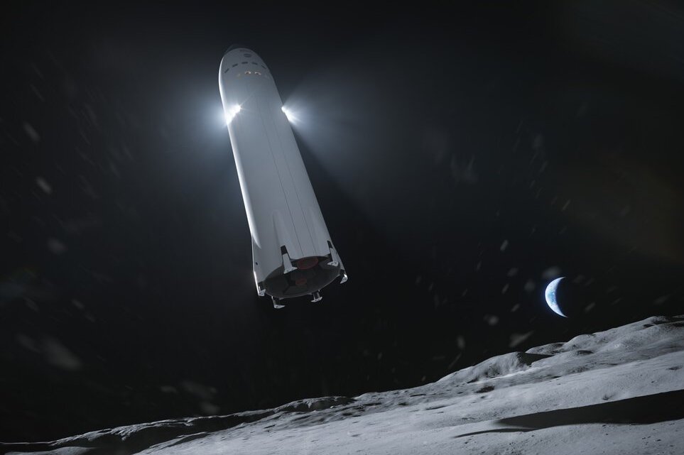 Rendering SpaceX Starship lander arriving on the Moon