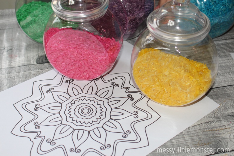 Coloured Rice Rangoli Patterns with Template - Messy Little Monster