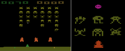 Animation of gameplay and sprites from the Atari 2600 version of Space Invaders.