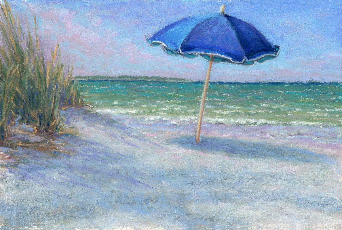 Pastel Painting: Vacation Beach Umbrella Coastal Art by Poucher