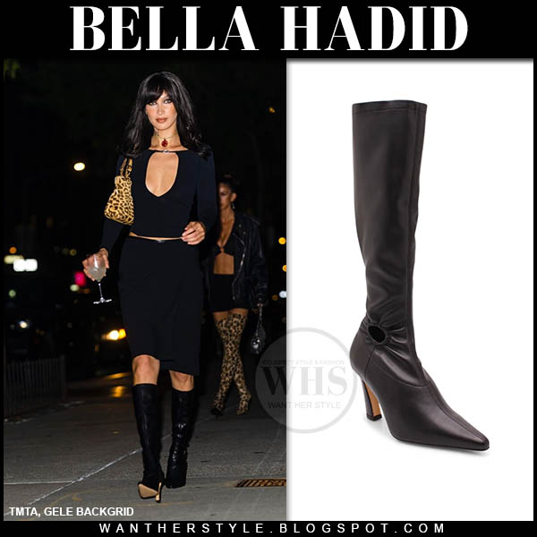 fringe Event reservoir Bella Hadid in black knee high boots, black top and black skirt in NYC on  October 9 ~ I want her style - What celebrities wore and where to buy it.  Celebrity Style