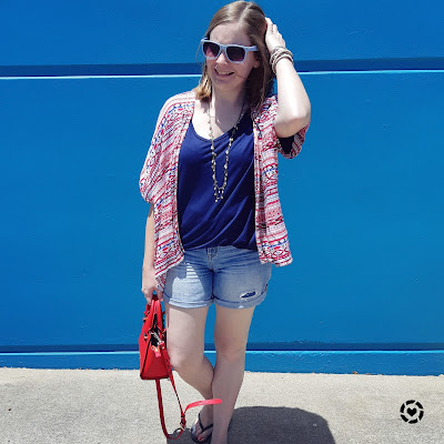 awayfromblue Instagram | summer mum style shorts and kimono red accessories with monochromatic blue outfit