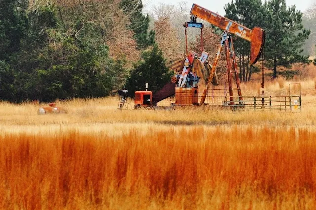 Austin to Houston Drive: Rusty pumpjack in a grassy field in Texas