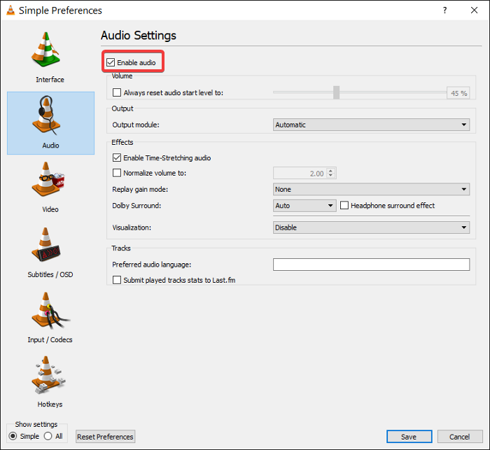 abilita l'audio vlc