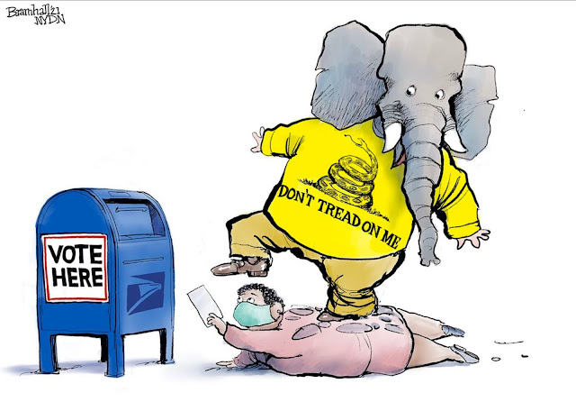 Republican Elephant, wearing Gadsden flag tee-shirt, stomps on black voter struggling to put a mail-in ballot in a mail box.