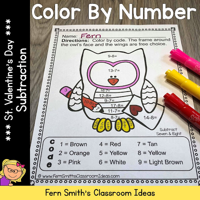 These St. Valentine's Day Color By Number Subtraction Worksheets Would Look Great On Your Bulletin Board! Fern Smith's Classroom Ideas