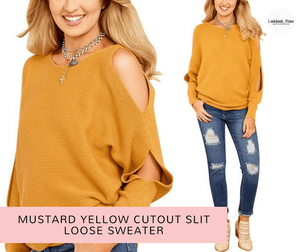  Mustard Yellow Cutout Slit Loose Sweater - Lookbook Store