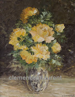 Un coeur d'or, roses jaunes en vase - huile 10 x 8 par Clémence St-Laurent