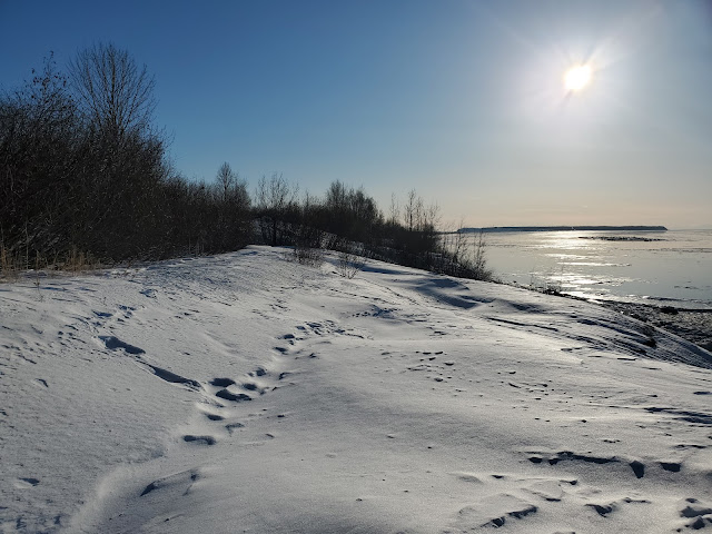 Snowy landscape, bright sun shining over the Cook Inlet