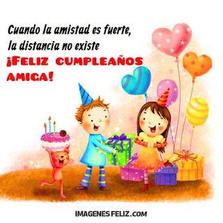 Feliz Cumpleaños Amistad a distancia. Amiguita que está lejos. Precioso dibujo de fiesta de cumple y entrega de regalos