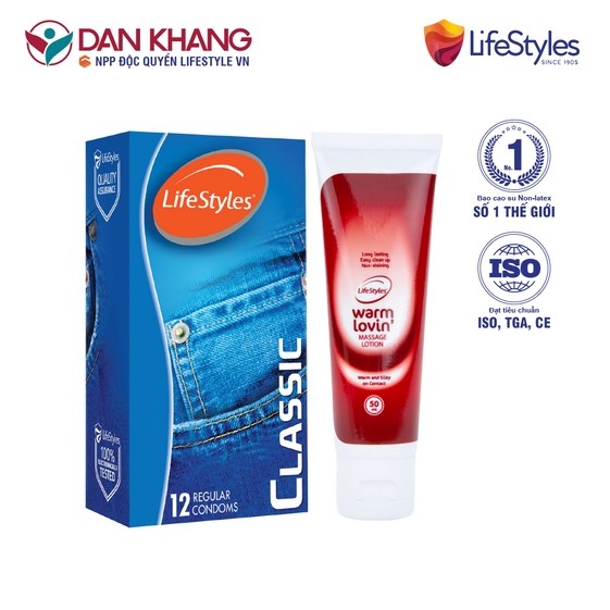 COMBO BAO CAO SU LIFESTYLES CLASSIC ÔM SÁT CAO CẤP (12 BAO/HỘP) + GEL BÔI TRƠN LIFESTYLES WARM LOVIN TĂNG CẢM GIÁC ẤM NÓNG