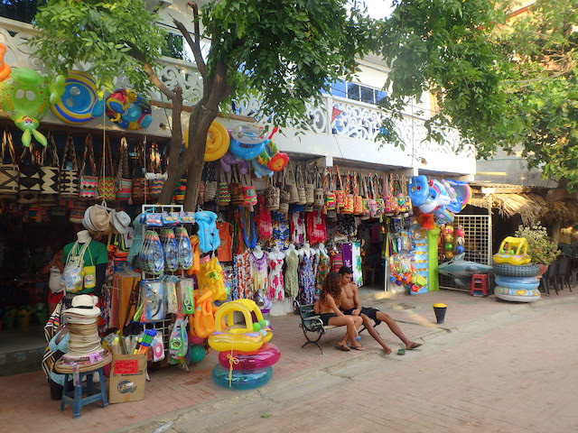 Shops on the waterfront walk in Taganga, Colombia