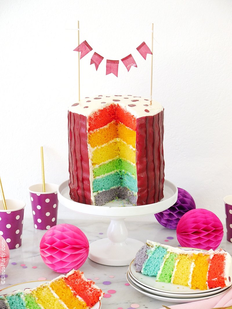 How To Make an Easy Tiered Rainbow Cake - a simple and fun recipe for baking  and decorating a rainbow birthday cake using Fruit Rolls! by BirdsParty.com @birdsparty #rainbowcake #cakedesign #cake #rainbow cakerecipe #tieredcake #rainbowcakerecipe #rainbowbirthdaycake