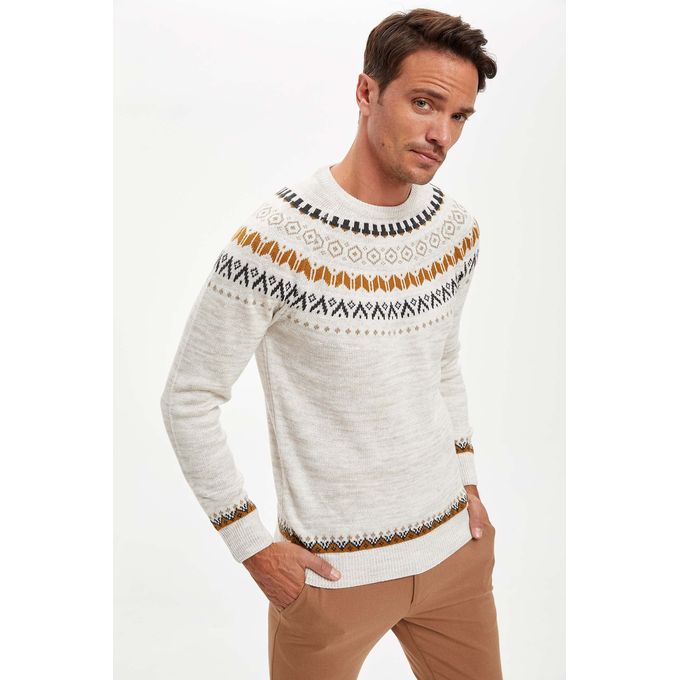 Defacto Man White Slim Fit Crew Neck Long Sleeve Pullover