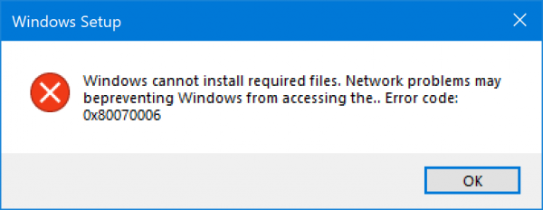 Codice di errore di installazione di Windows 10 0x80070006