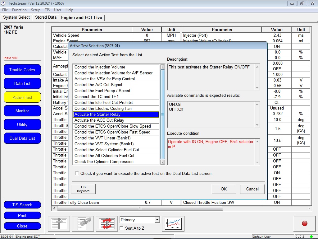 Check the Starter Relay and ACC Cut Relay using TECHSTREAM (TIS