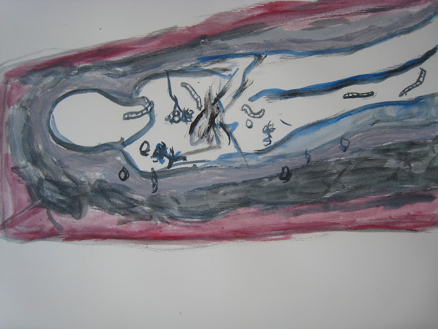 Pintura que representa mi cadáver en el ataúd en un proceso de descomposición inicial, ya con algunos gusanos, por Emebezeta 
