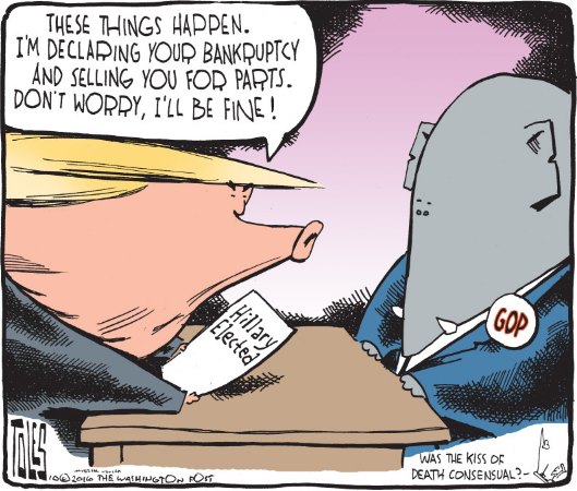 Donald Trump to GOP elephant:  These things happen.  I'm declaring your bankruptcy and selling you for parts.  Don't worry, I'll be fine.