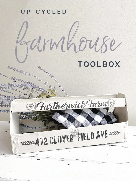 Toolbox with transfers and lavender with a Pinterest overlay