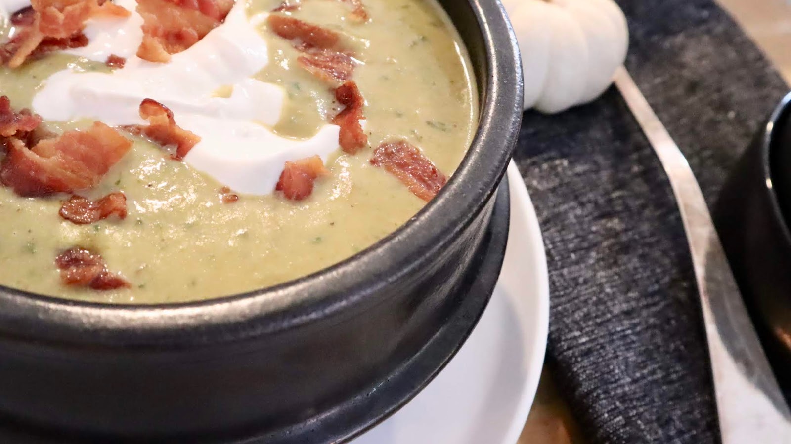 My Sweet Savannah creamy asparagus soup with bacon & lime creme fraiche