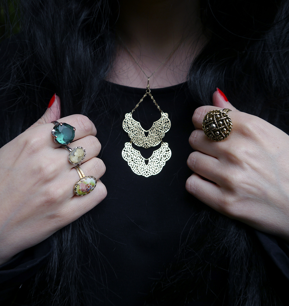 Jewellery inspired by The Love Witch film Lots of rings and a DIY necklace inspired by The Love Witch film