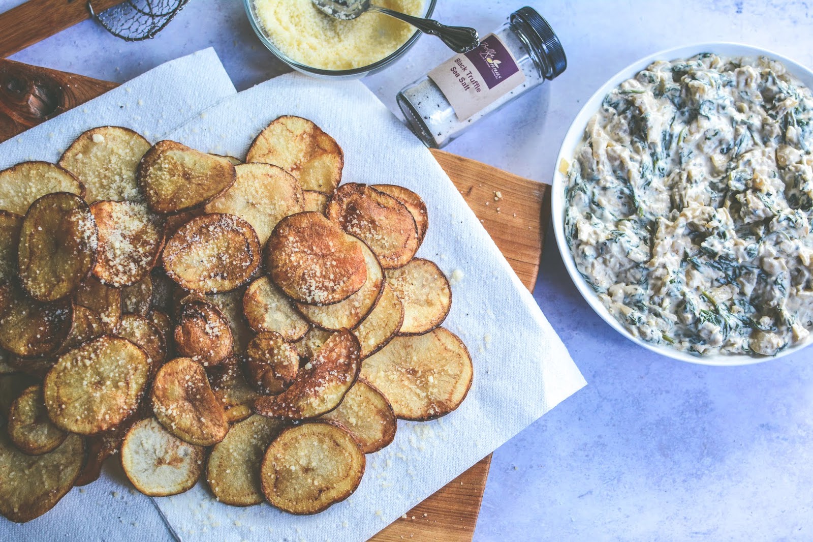 Tailgating Tuesday Homemade Parmesan Truffle Potato Chips With Spinach Onion Dip Loulousucre