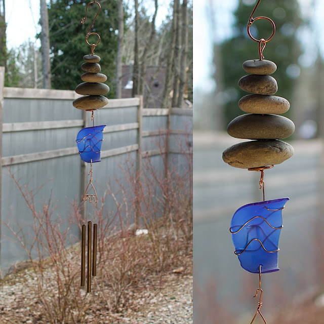 Beach stone and cobalt blue glass wind chime by Coast Chimes