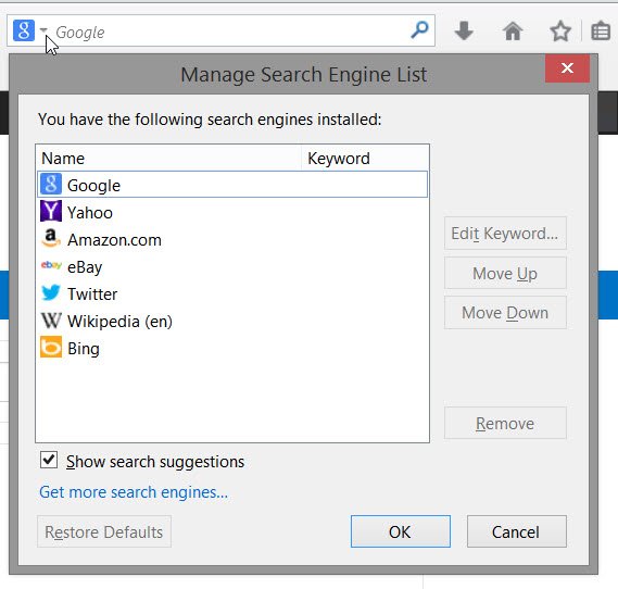 imposta il motore di ricerca predefinito Firefox