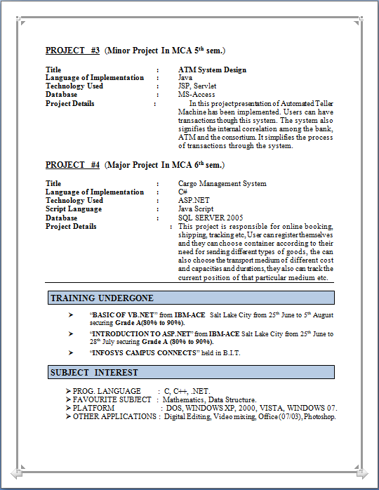 Format of resume for mca freshers