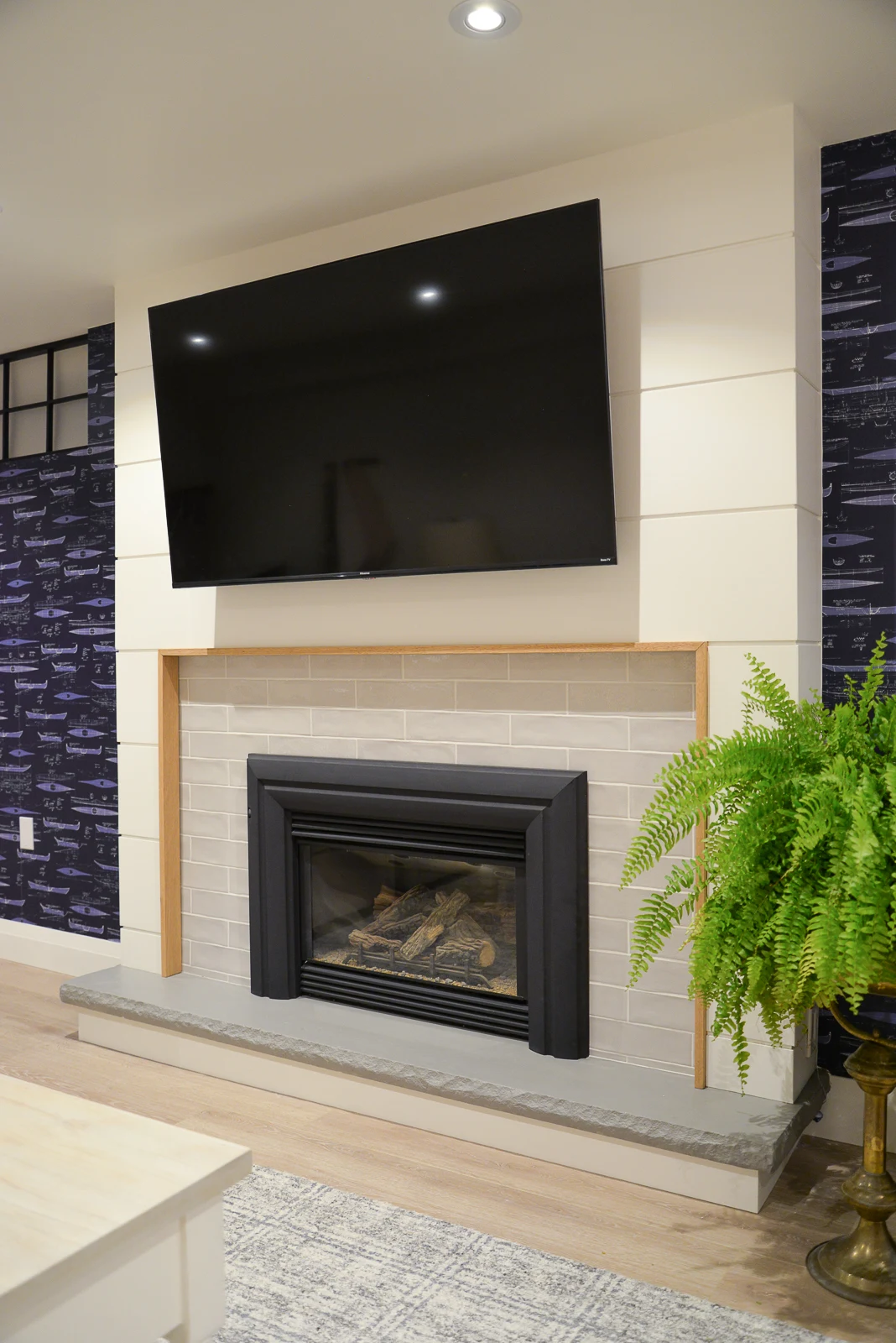 basement tv, hisense roku tv, shiplap fireplace, tile fireplace, fireplace remodel