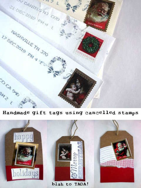Handmade gift tags using cancelled stamps, Handmade gift tags using cancelled postage stamps