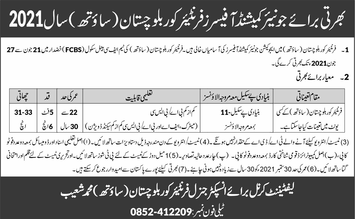Frontier Corps FC Balochistan South Jobs Apply Online