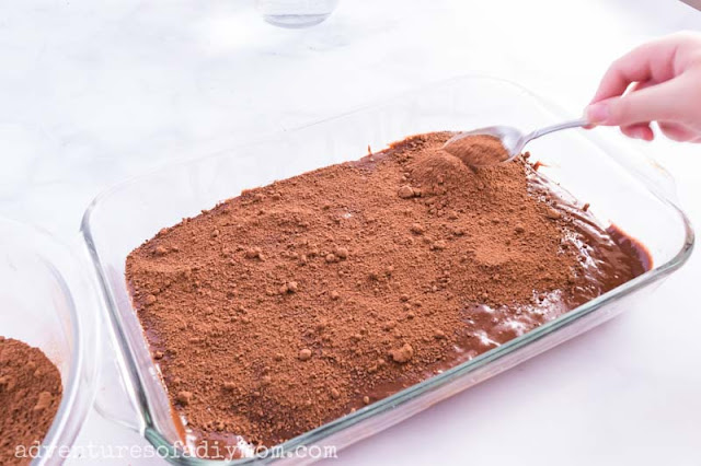 sprinkling cocoa and brown sugar mixture over cake batter