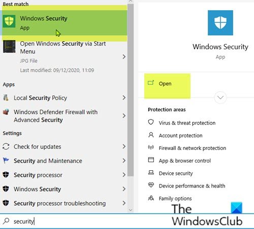 Apri Sicurezza di Windows tramite Cerca