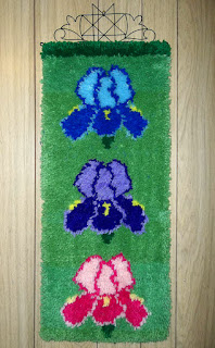 Irises, latch hooked wall hanging