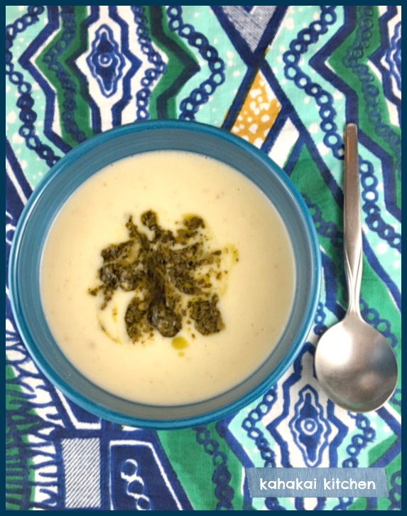 Kahakai Kitchen Creamy Celery Root Soup with Pesto Swirl for Souper (Soup, Salad, & Sammie