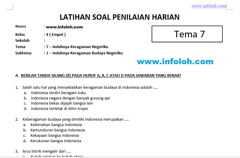 Download soal tematik tema 7 subtema 2 kelas 4 Download soal tematik tema 7 subtema 2 kelas 4