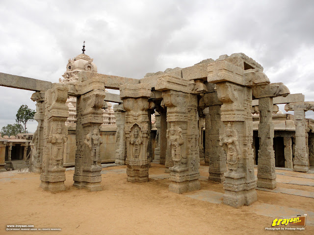 Beautifully carved pillars in the unfinished Kalyana Mandapa, or Marriage Hall inside the Veerabhadra Swamy Temple complex at Lepakshi, in Andhra Pradesh, India