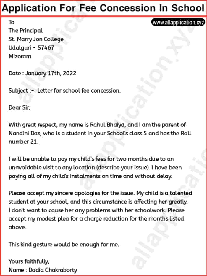application letter to principal for paying half fees