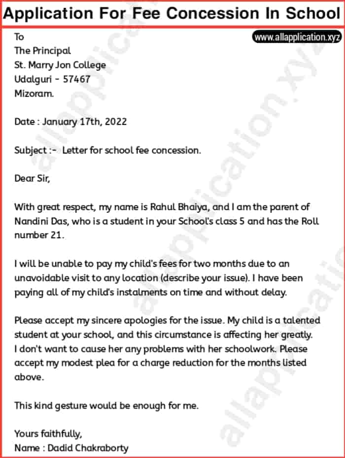 Application For Fee Concession In School By Teacher 5 SAMPLES Application For Fee Concession In School By Teacher 5 SAMPLES