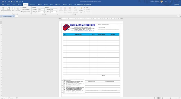 Cara Membuat Desain Nota Kwitansi Olshop Word