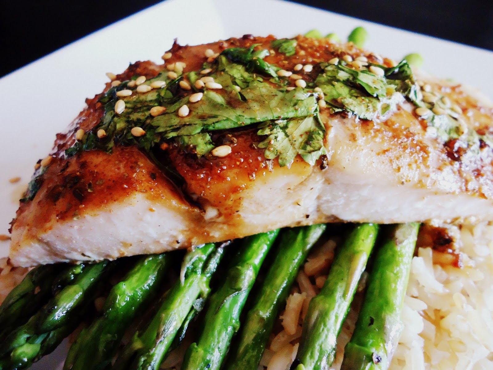 Foodie & Fabulous Asian Glazed Sesame Salmon with Asparagus and Brown Rice