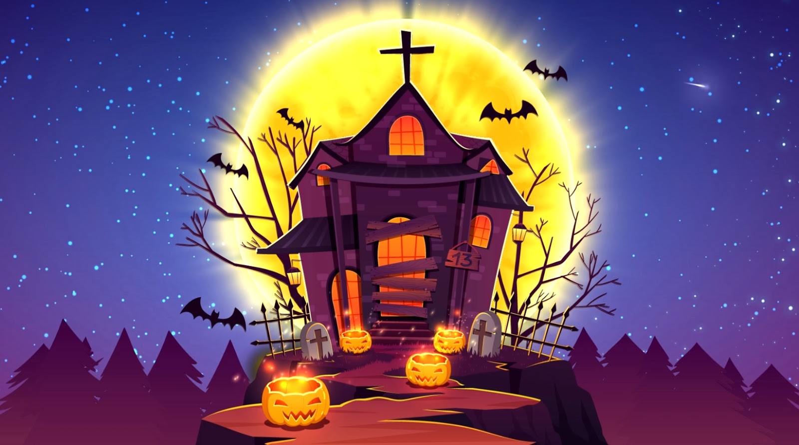 Halloween House Full Moon Screen Animated Live Desktop Wallpapers