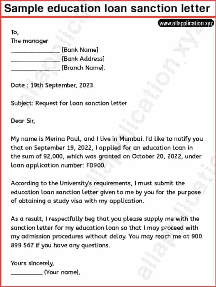 application letter for sanction of education loan