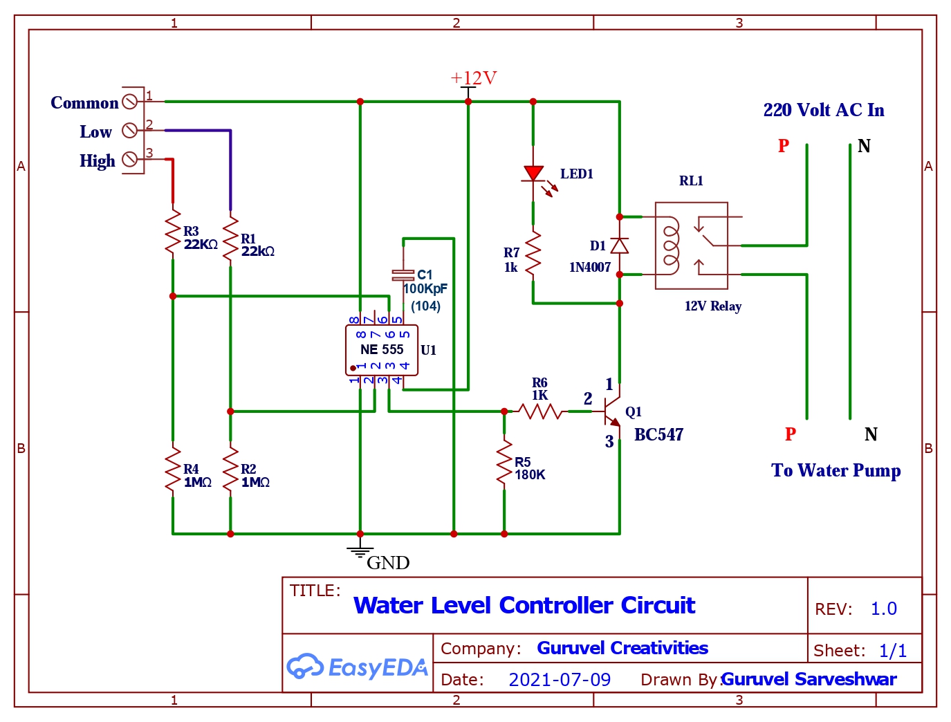 Water Level Controller Circuit - Guruvel Creativities