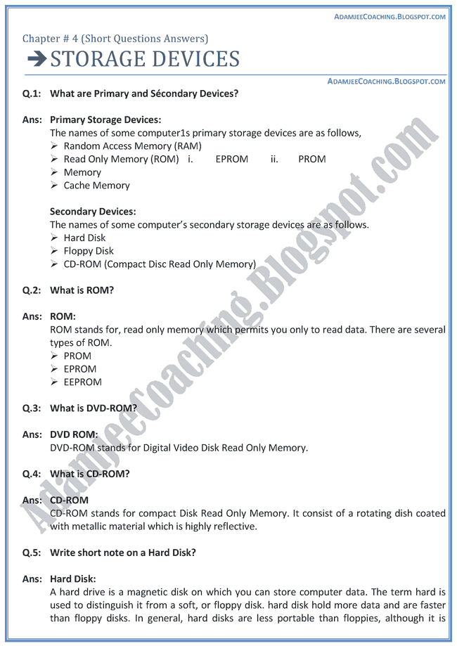 Adamjee Coaching Storage Devices Short Question Answers Computer IX